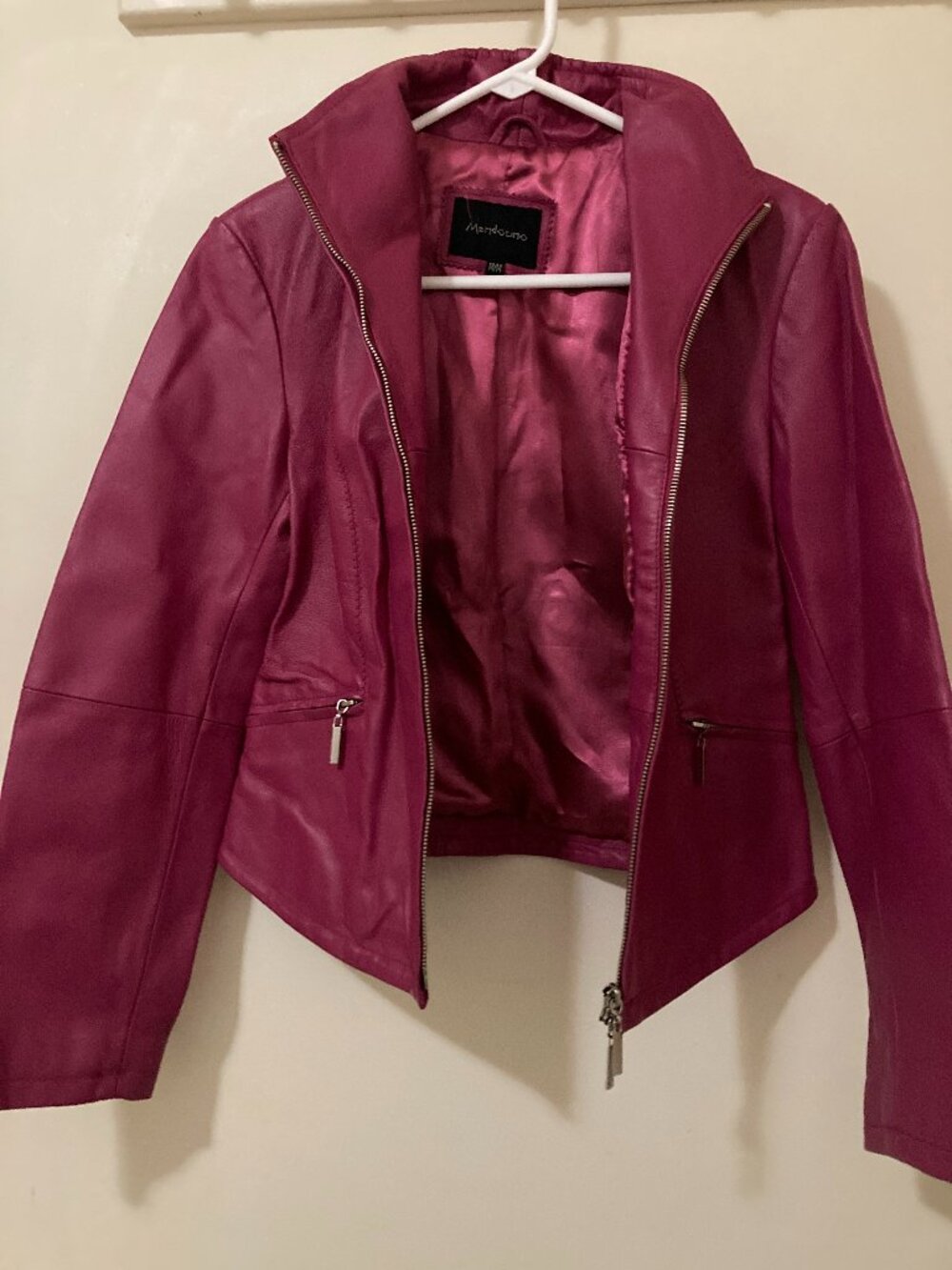 Mendocino High necked zip-up leather motorcycle jacket, pink